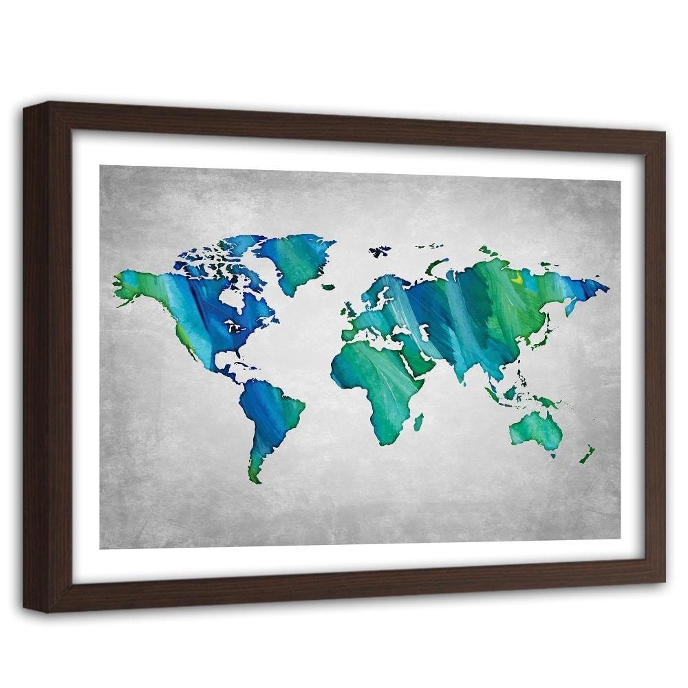 Glezna brūnā rāmī - Blue-Green World Map Home Trends DECO