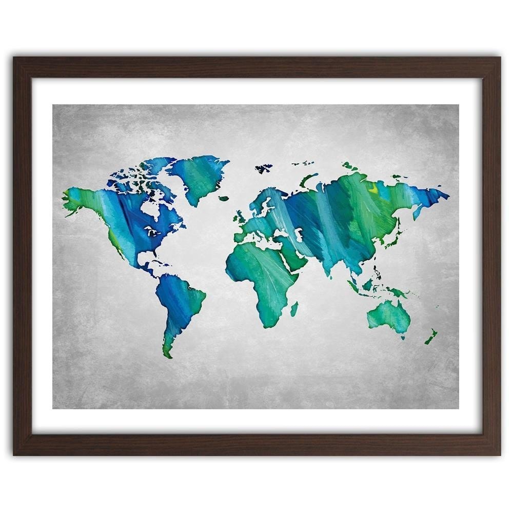 Glezna brūnā rāmī - Blue-Green World Map Home Trends DECO