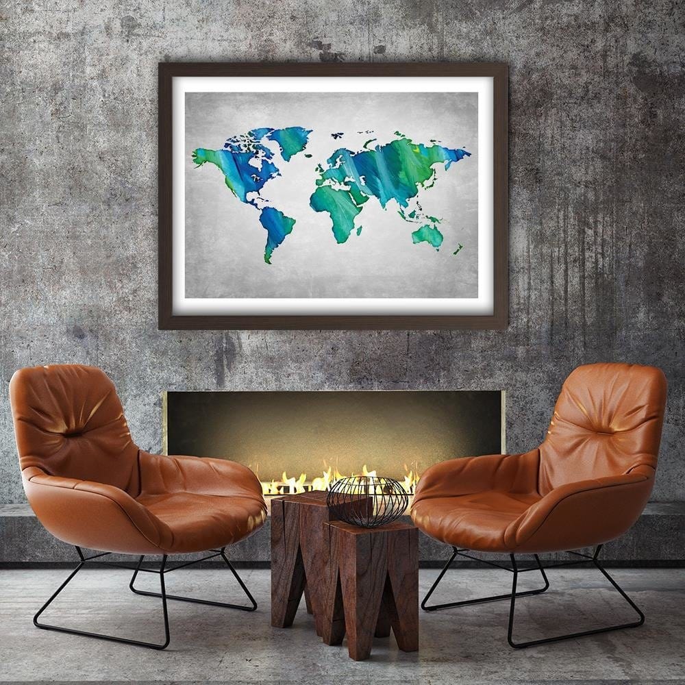 Glezna brūnā rāmī - Blue-Green World Map Home Trends DECO