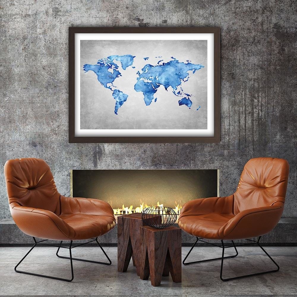 Glezna brūnā rāmī - Blue Map Of The World Home Trends DECO