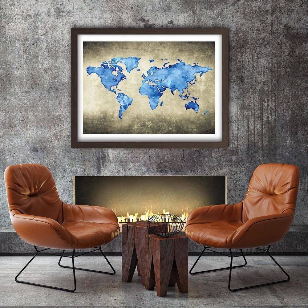 Glezna brūnā rāmī - Blue Map Of The World Home Trends DECO