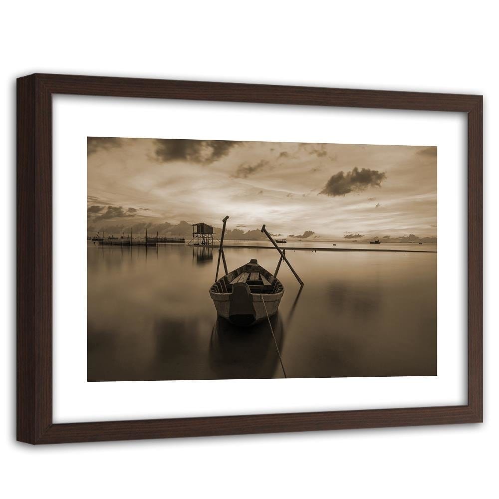 Glezna brūnā rāmī - Boat On Calm Lake 1 Home Trends DECO