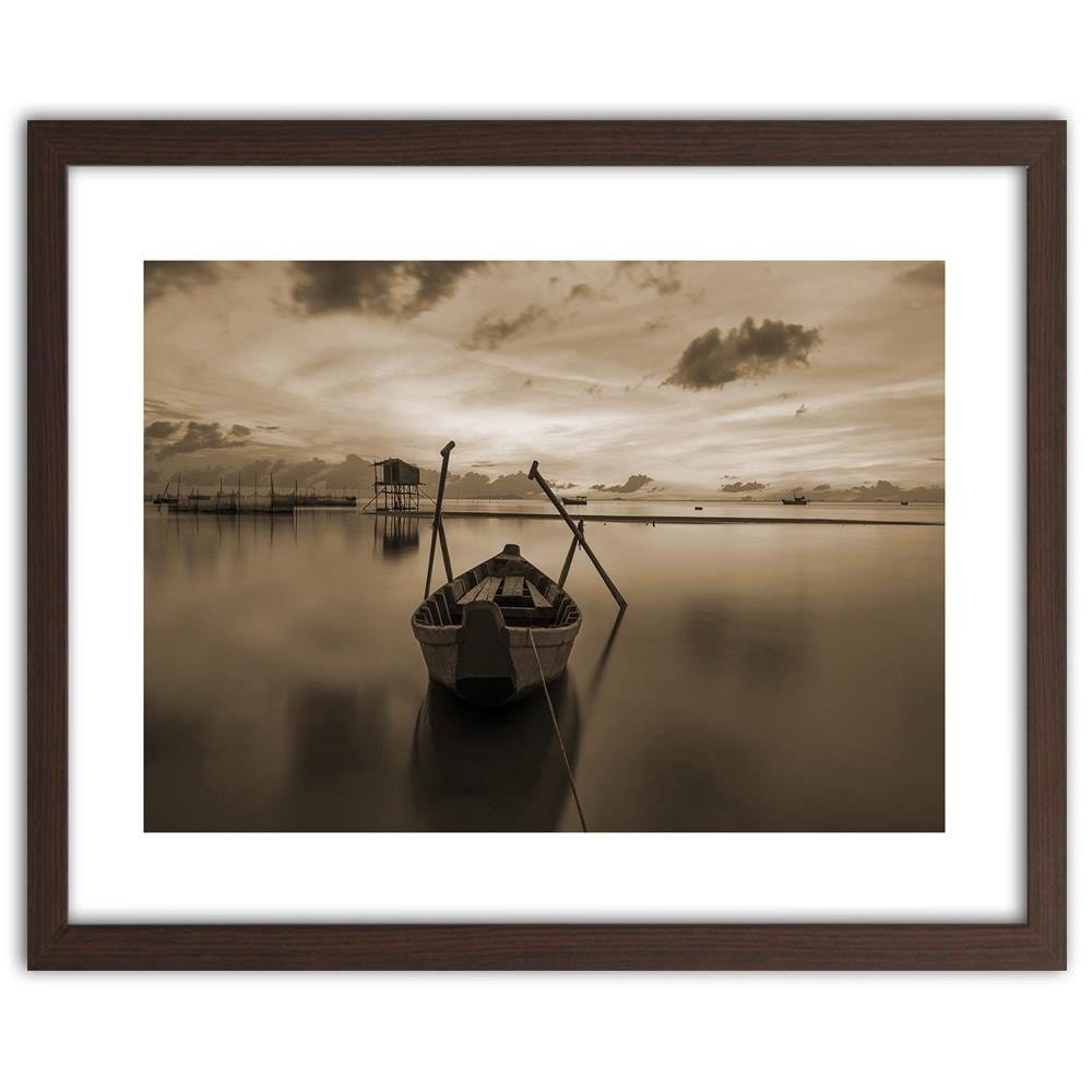 Glezna brūnā rāmī - Boat On Calm Lake 1 Home Trends DECO