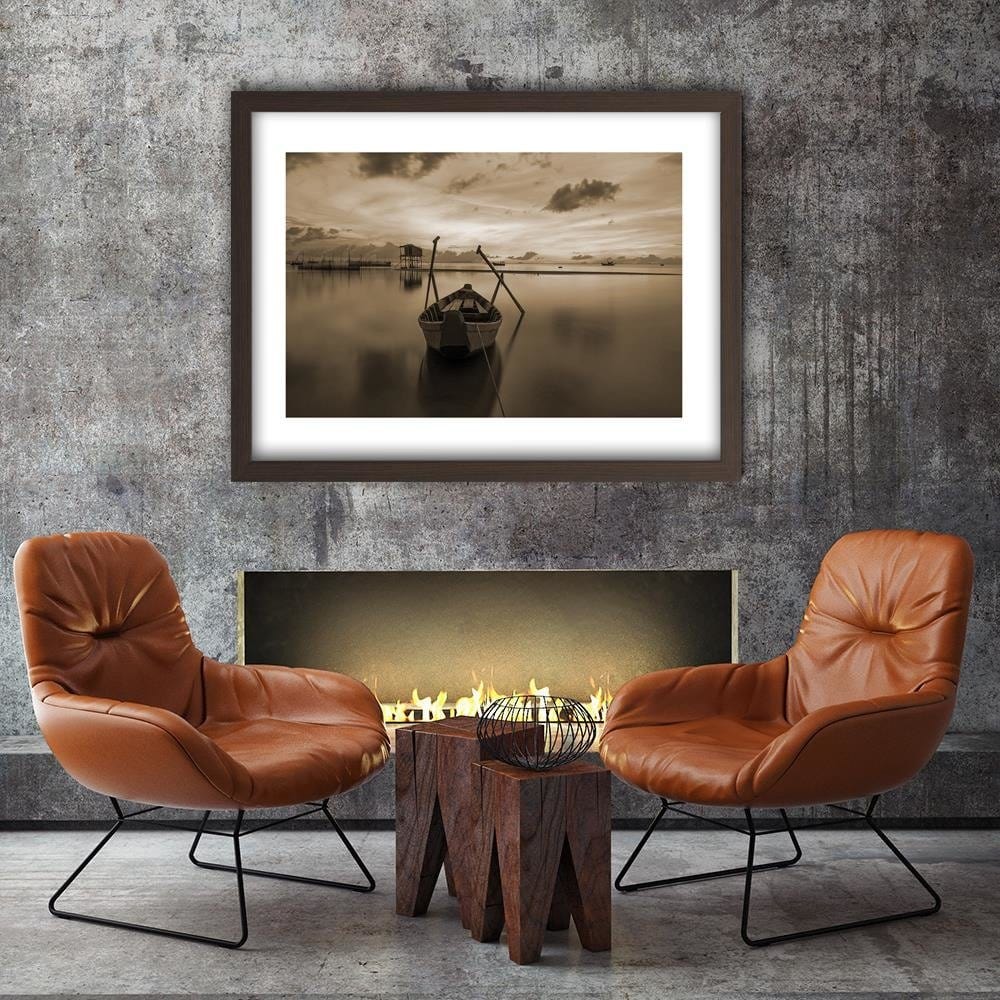Glezna brūnā rāmī - Boat On Calm Lake 1 Home Trends DECO