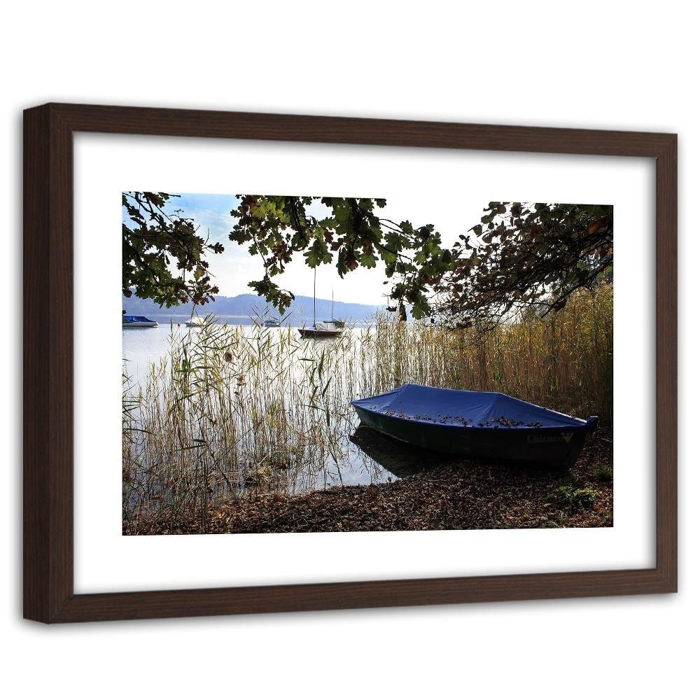 Glezna brūnā rāmī - Boats On The Shore Of A Lake Home Trends DECO