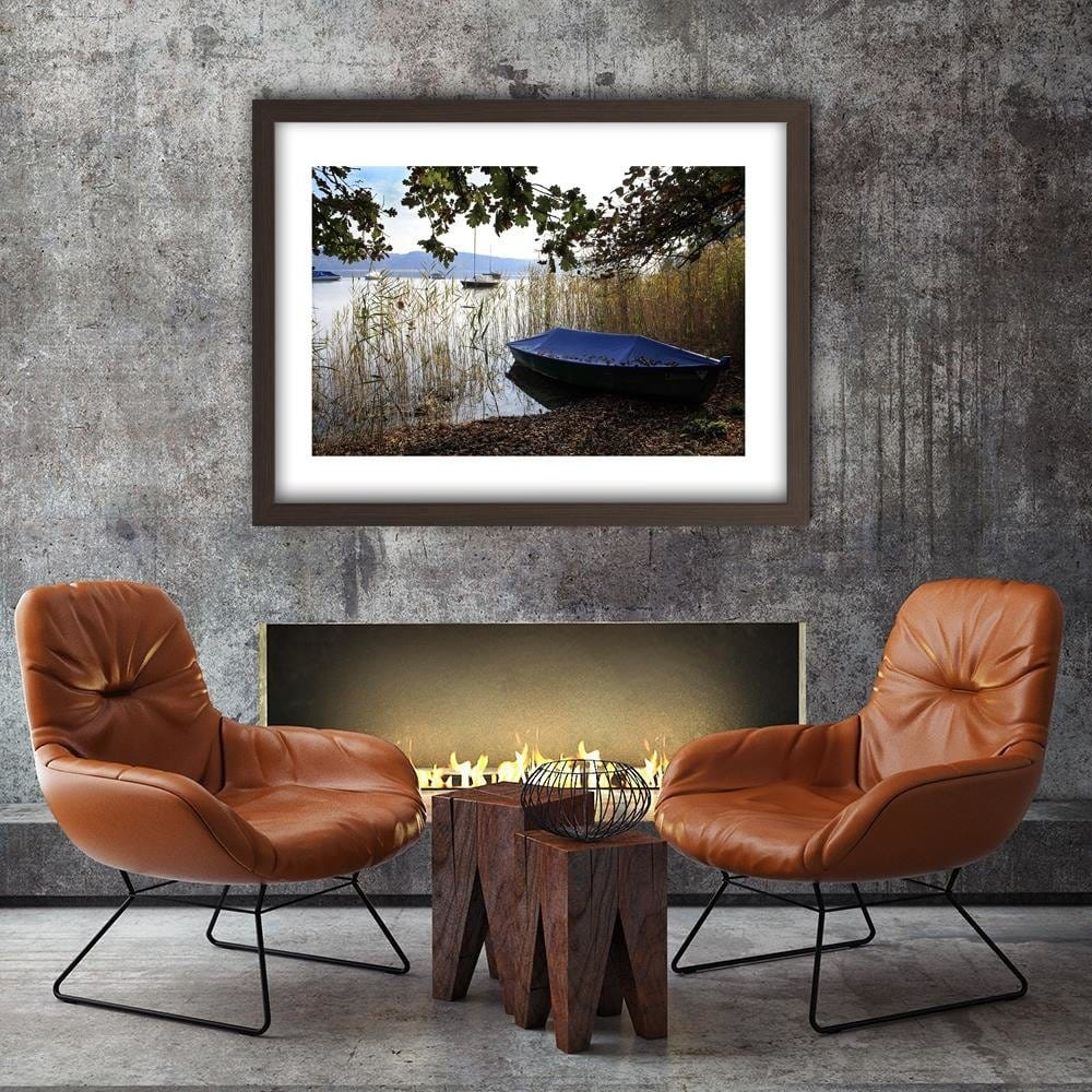 Glezna brūnā rāmī - Boats On The Shore Of A Lake Home Trends DECO