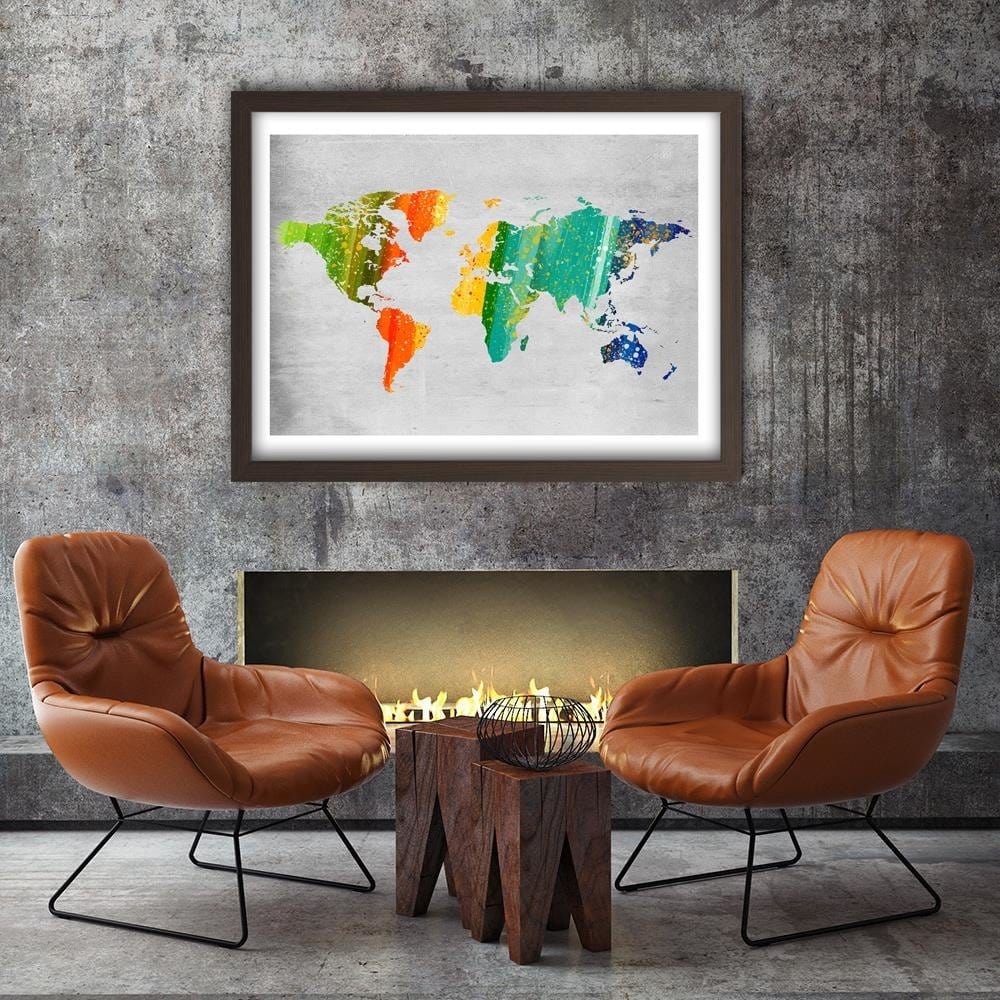 Glezna brūnā rāmī - Colorful World Map Home Trends DECO