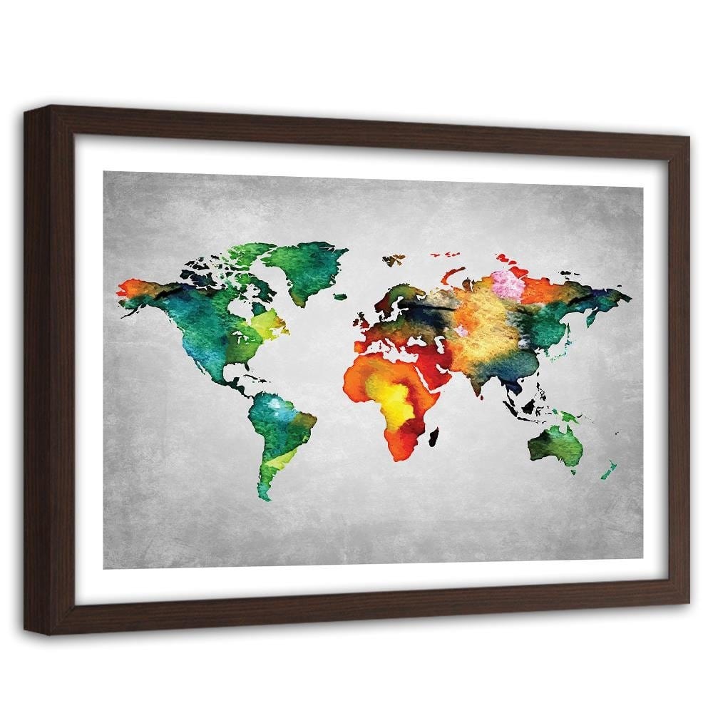 Glezna brūnā rāmī - Colorful World Map On Concrete Home Trends DECO