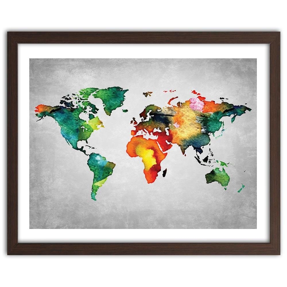 Glezna brūnā rāmī - Colorful World Map On Concrete Home Trends DECO