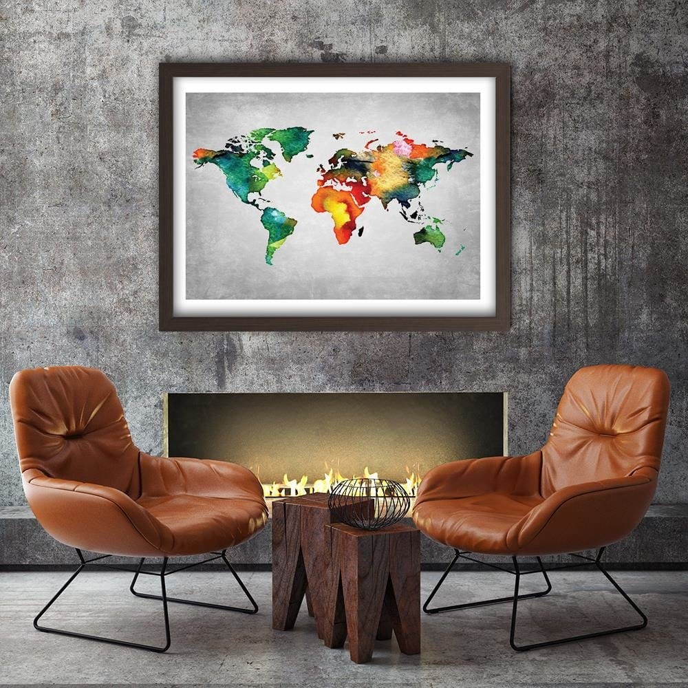 Glezna brūnā rāmī - Colorful World Map On Concrete Home Trends DECO