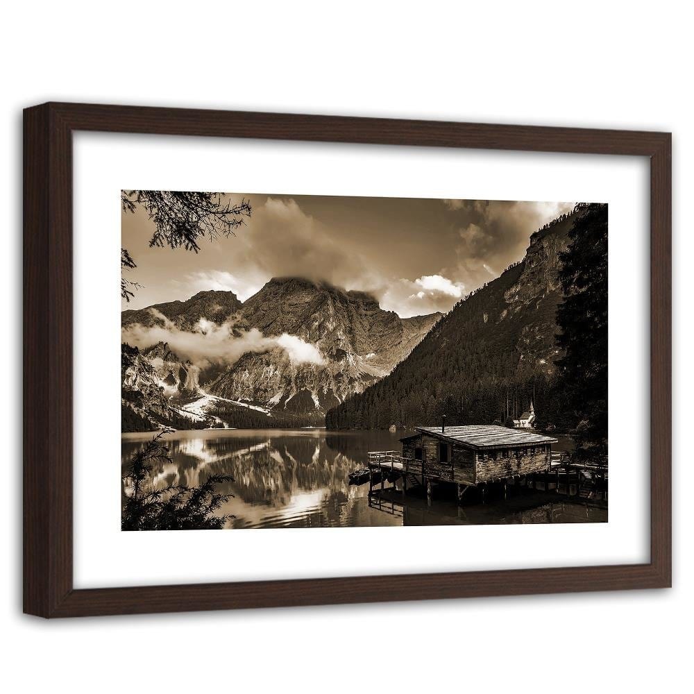 Glezna brūnā rāmī - Cottage By The Mountain Lake 1 Home Trends DECO