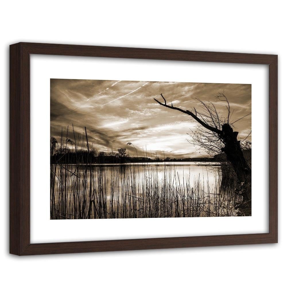 Glezna brūnā rāmī - Dry Tree On The Lake 1 Home Trends DECO