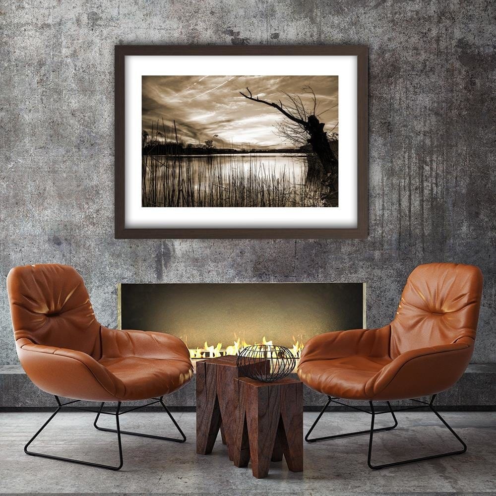 Glezna brūnā rāmī - Dry Tree On The Lake 1 Home Trends DECO