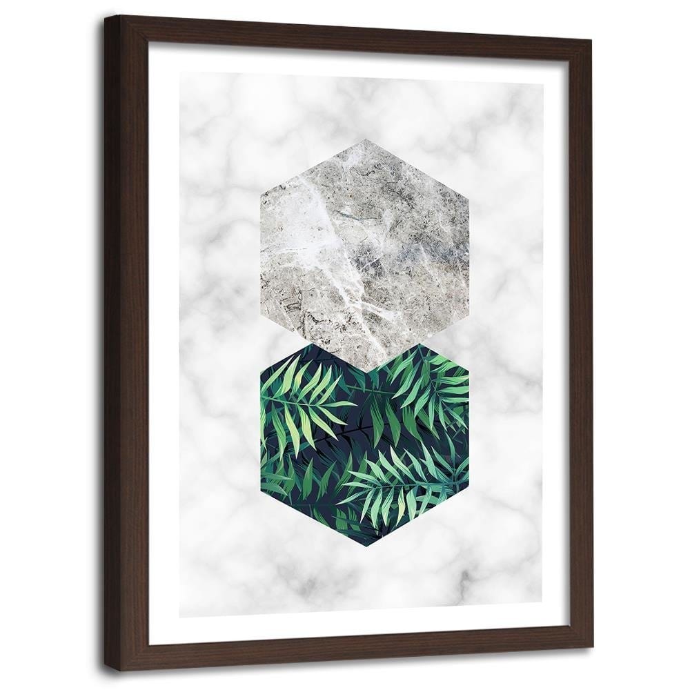 Glezna brūnā rāmī - Fern Leaf In A Hexagon - Marble Home Trends DECO