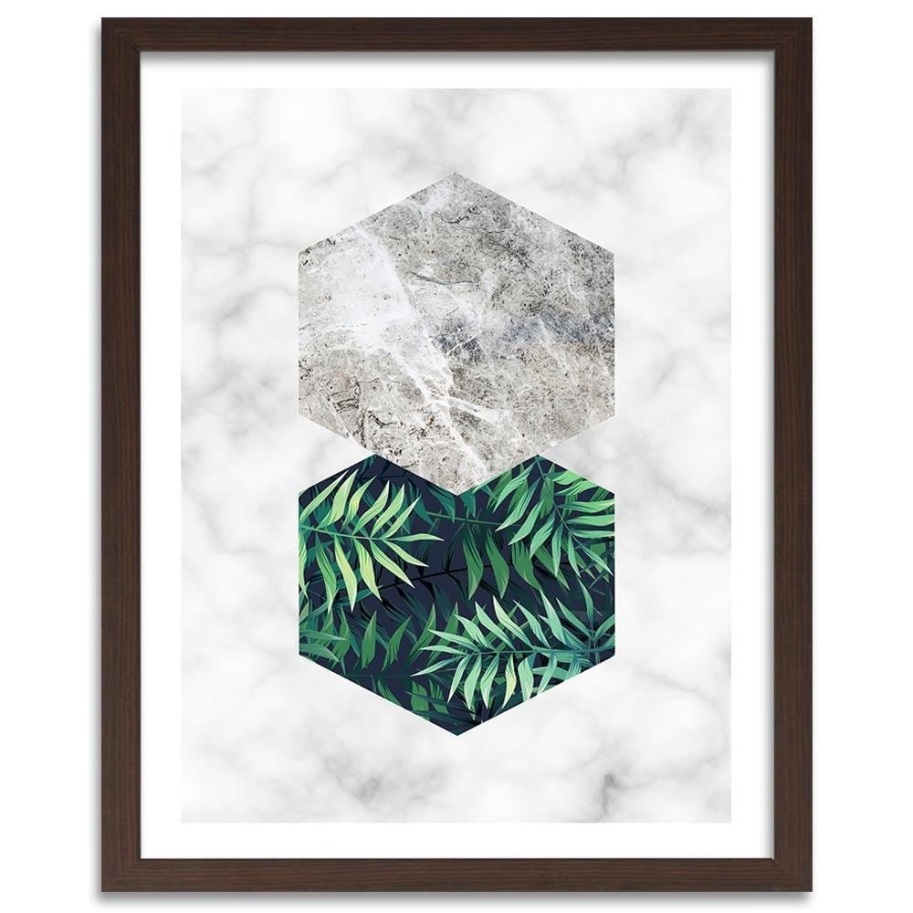 Glezna brūnā rāmī - Fern Leaf In A Hexagon - Marble Home Trends DECO
