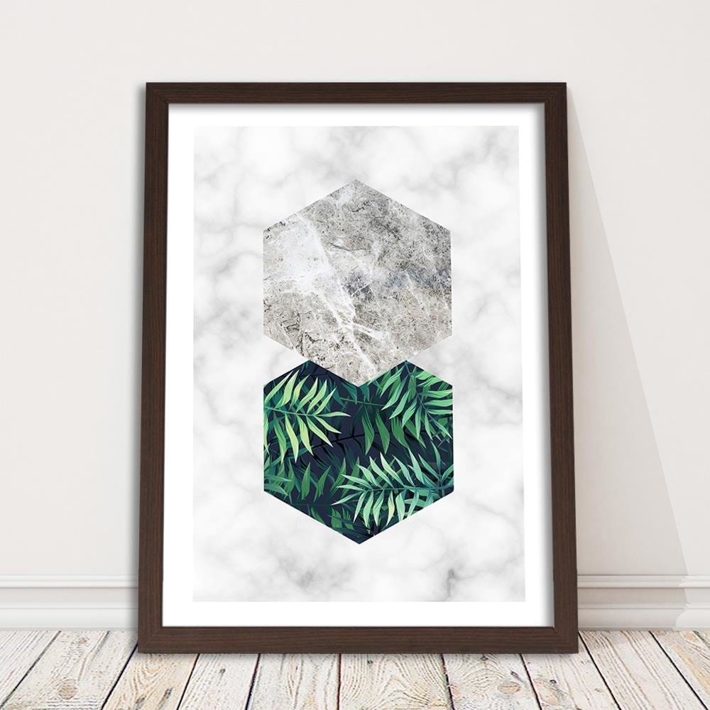 Glezna brūnā rāmī - Fern Leaf In A Hexagon - Marble Home Trends DECO