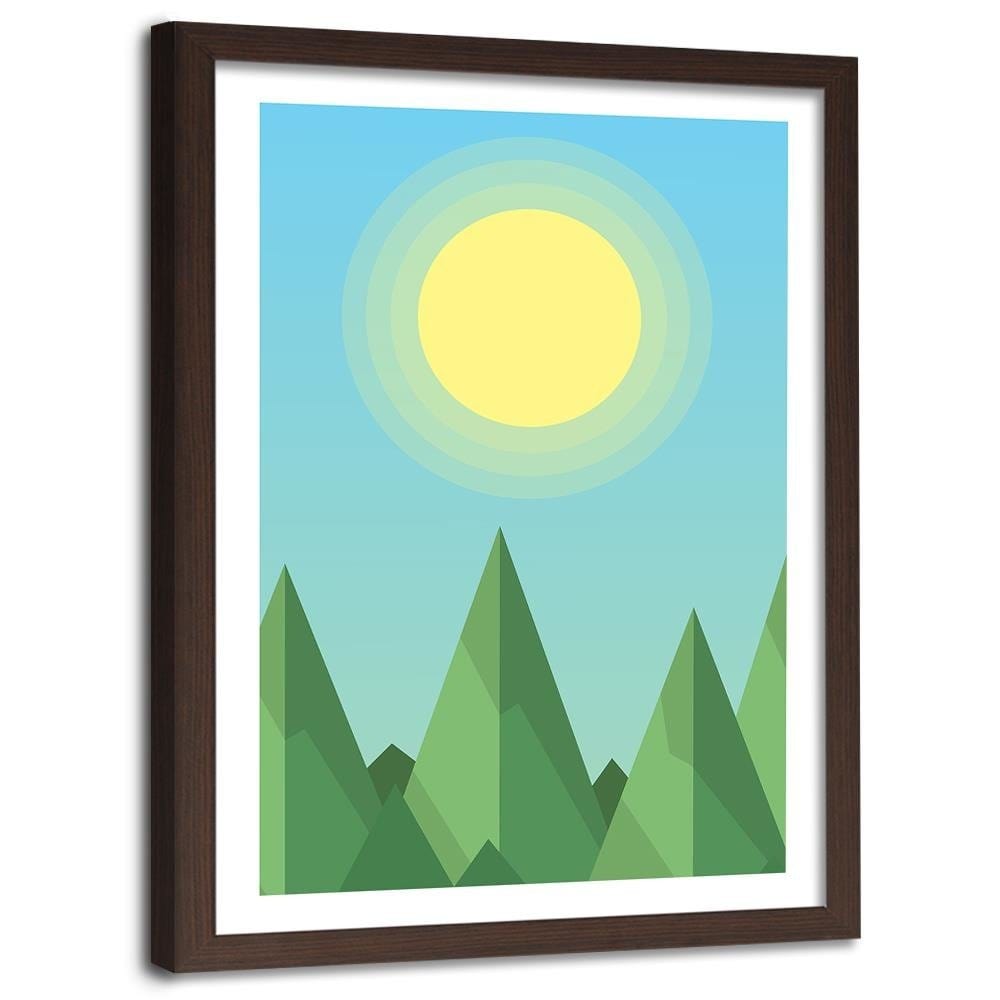 Glezna brūnā rāmī - Geometric Forest Landscape With The Sun Home Trends DECO