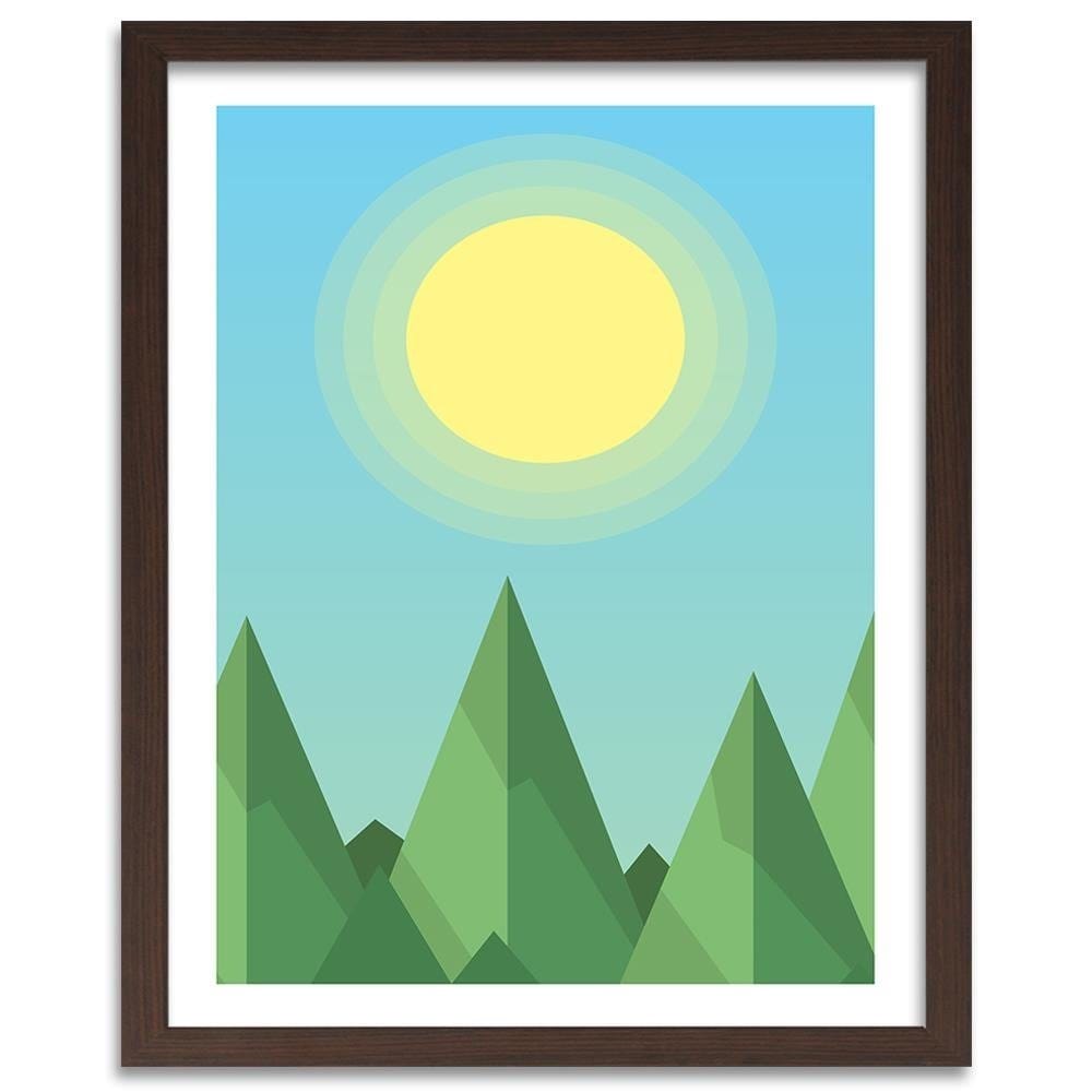 Glezna brūnā rāmī - Geometric Forest Landscape With The Sun Home Trends DECO