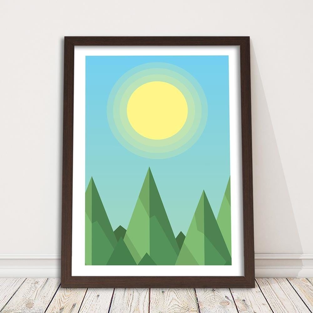 Glezna brūnā rāmī - Geometric Forest Landscape With The Sun Home Trends DECO