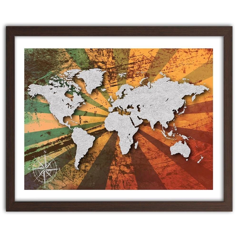 Glezna brūnā rāmī - Gray Vintage World Map Home Trends DECO