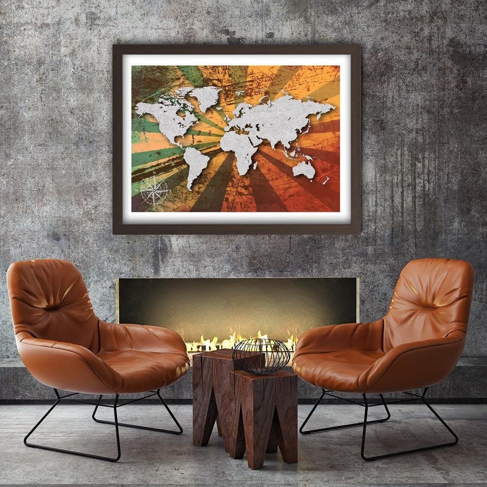 Glezna brūnā rāmī - Gray Vintage World Map Home Trends DECO