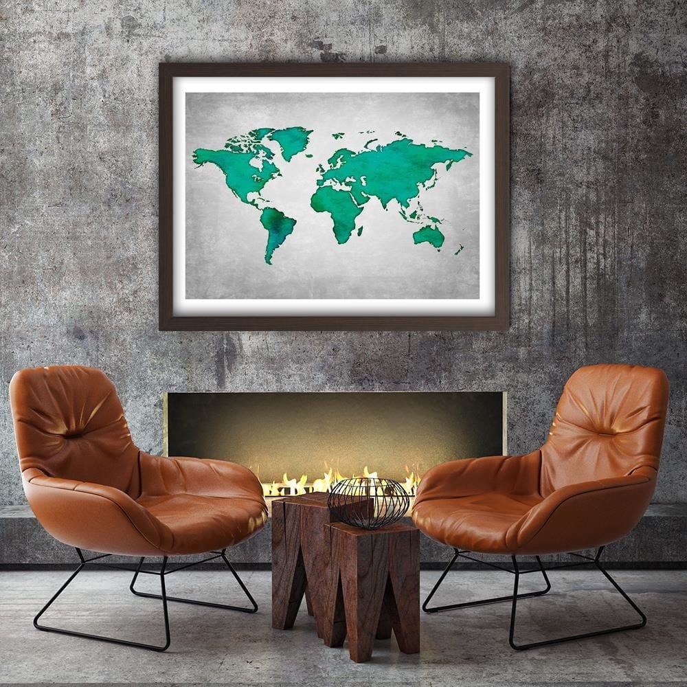 Glezna brūnā rāmī - Green Map Of The World On Concrete Home Trends DECO