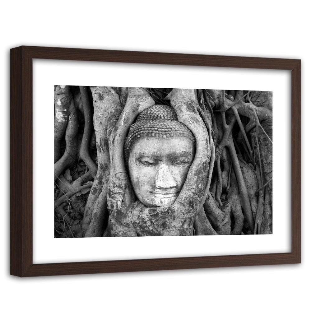 Glezna brūnā rāmī - Head Of Buddha In Tree Home Trends DECO