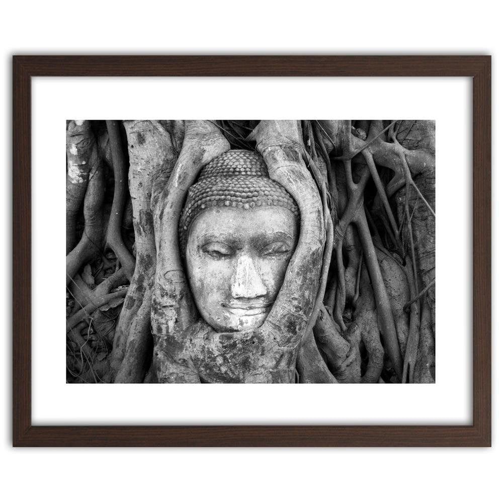 Glezna brūnā rāmī - Head Of Buddha In Tree Home Trends DECO