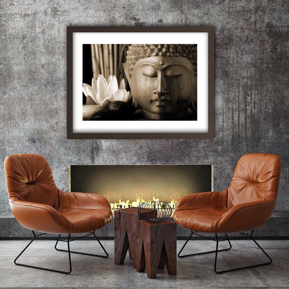 Glezna brūnā rāmī - Head Of Buddha With Lily Home Trends DECO
