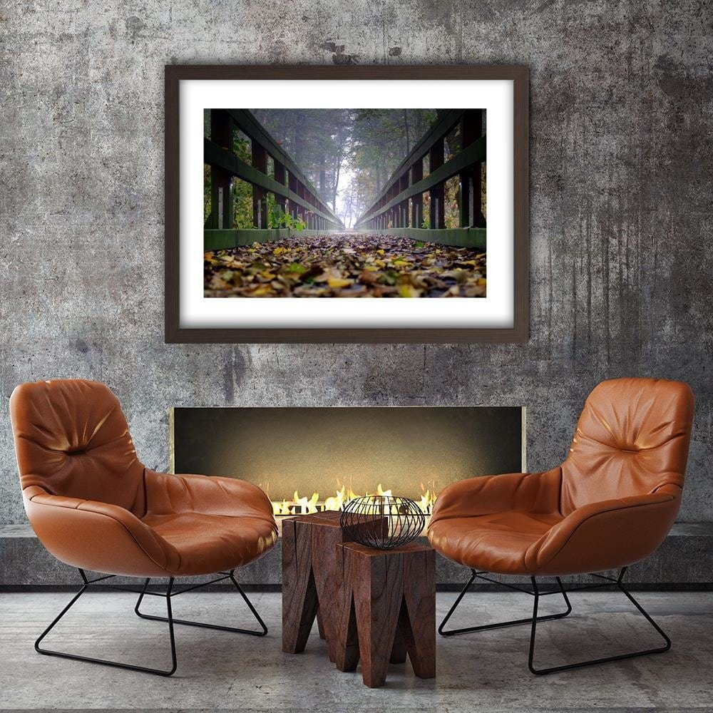 Glezna brūnā rāmī - Leaves On The Bridge In The Woods Home Trends DECO