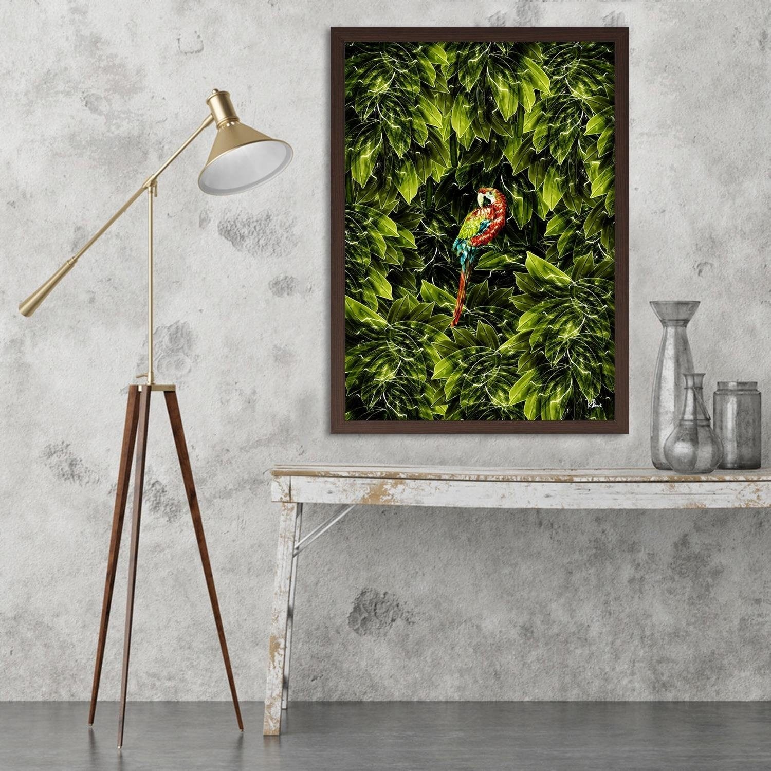 Glezna brūnā rāmī - Macaw Tropical Green Home Trends DECO