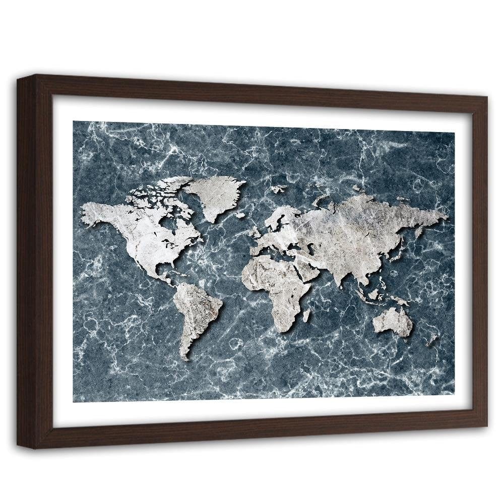 Glezna brūnā rāmī - Map Of The World On Marble Home Trends DECO