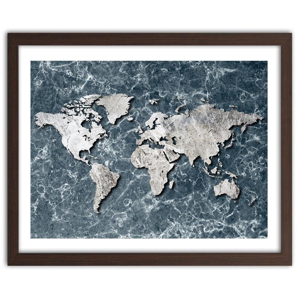 Glezna brūnā rāmī - Map Of The World On Marble Home Trends DECO