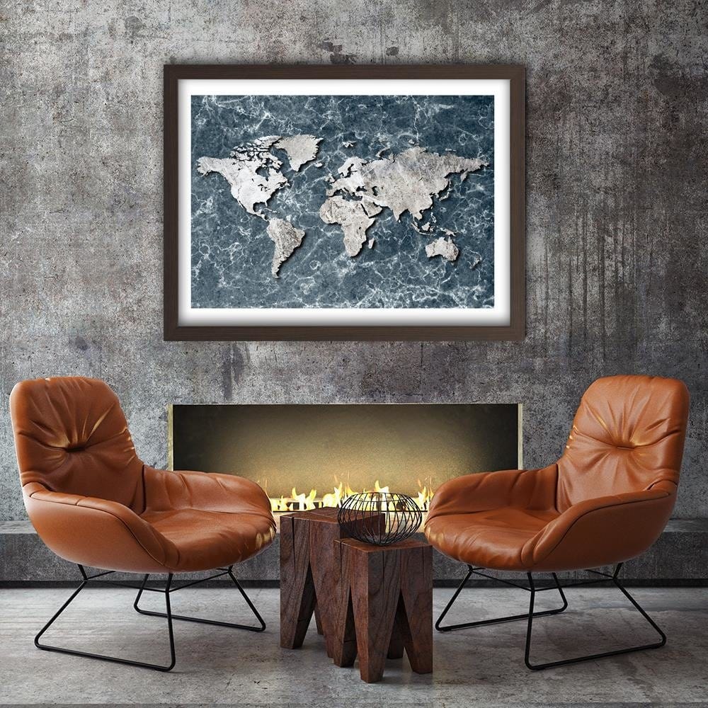 Glezna brūnā rāmī - Map Of The World On Marble Home Trends DECO