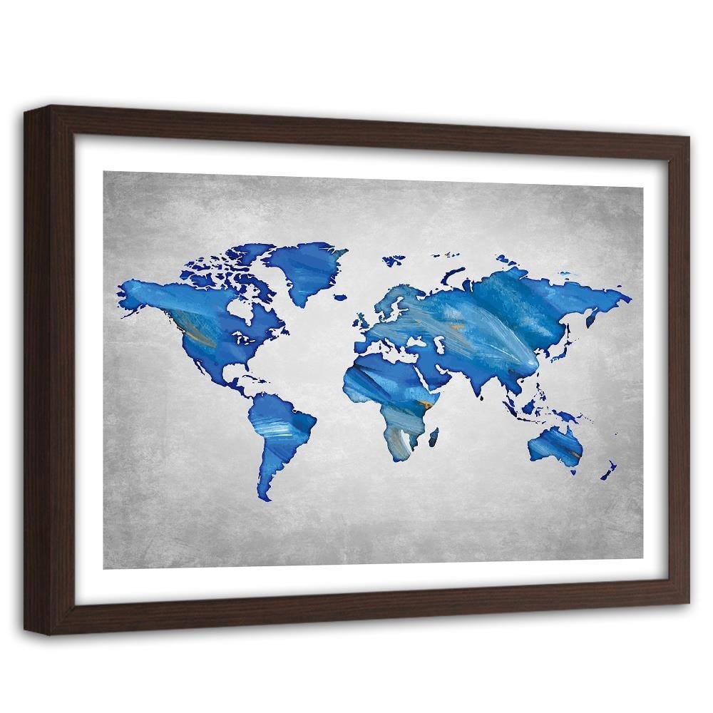 Glezna brūnā rāmī - Navy Blue Map Of The World On Concrete Home Trends DECO