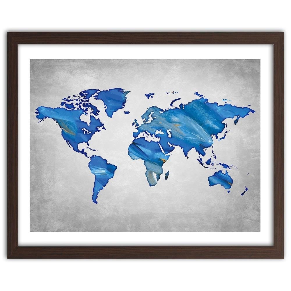 Glezna brūnā rāmī - Navy Blue Map Of The World On Concrete Home Trends DECO