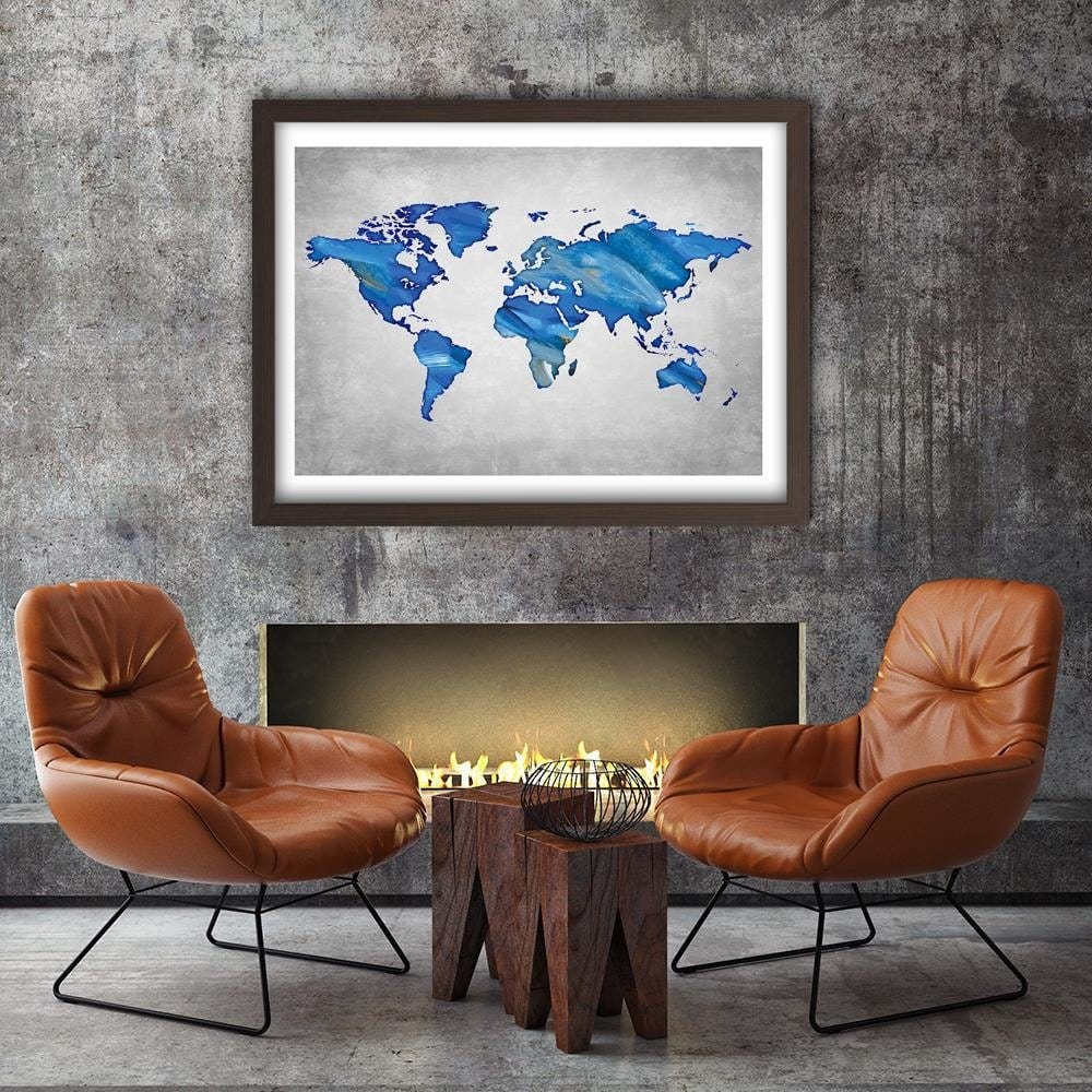 Glezna brūnā rāmī - Navy Blue Map Of The World On Concrete Home Trends DECO