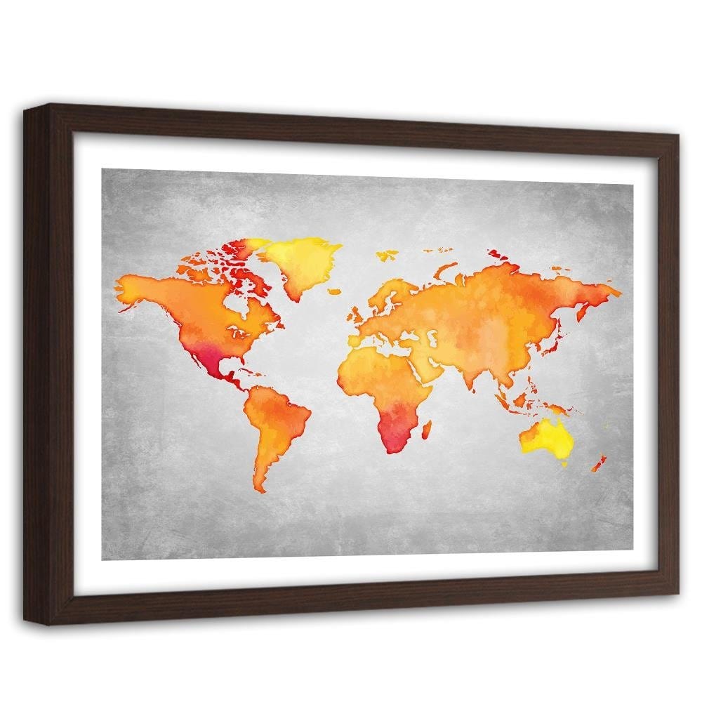 Glezna brūnā rāmī - Orange World Map Home Trends DECO