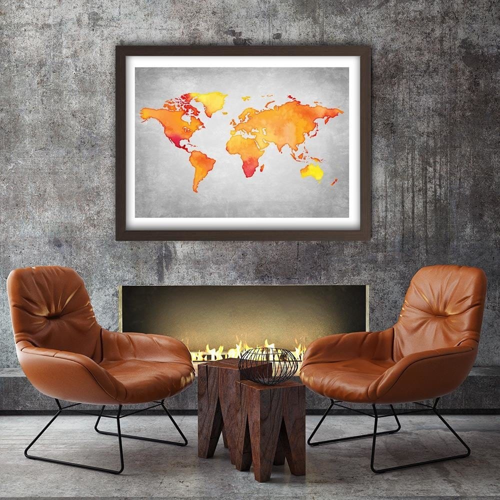 Glezna brūnā rāmī - Orange World Map Home Trends DECO