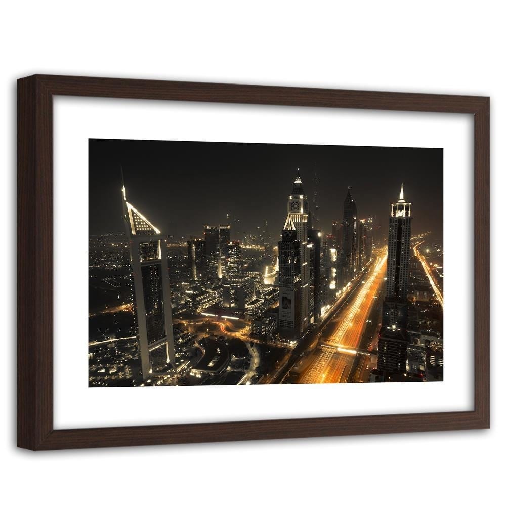 Glezna brūnā rāmī - Panorama Of Dubai At Night Home Trends DECO