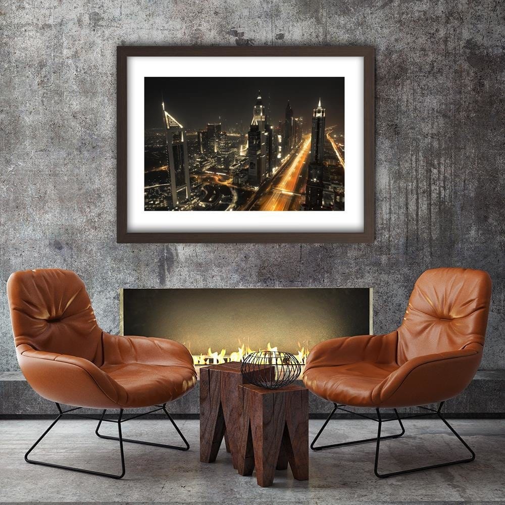 Glezna brūnā rāmī - Panorama Of Dubai At Night Home Trends DECO