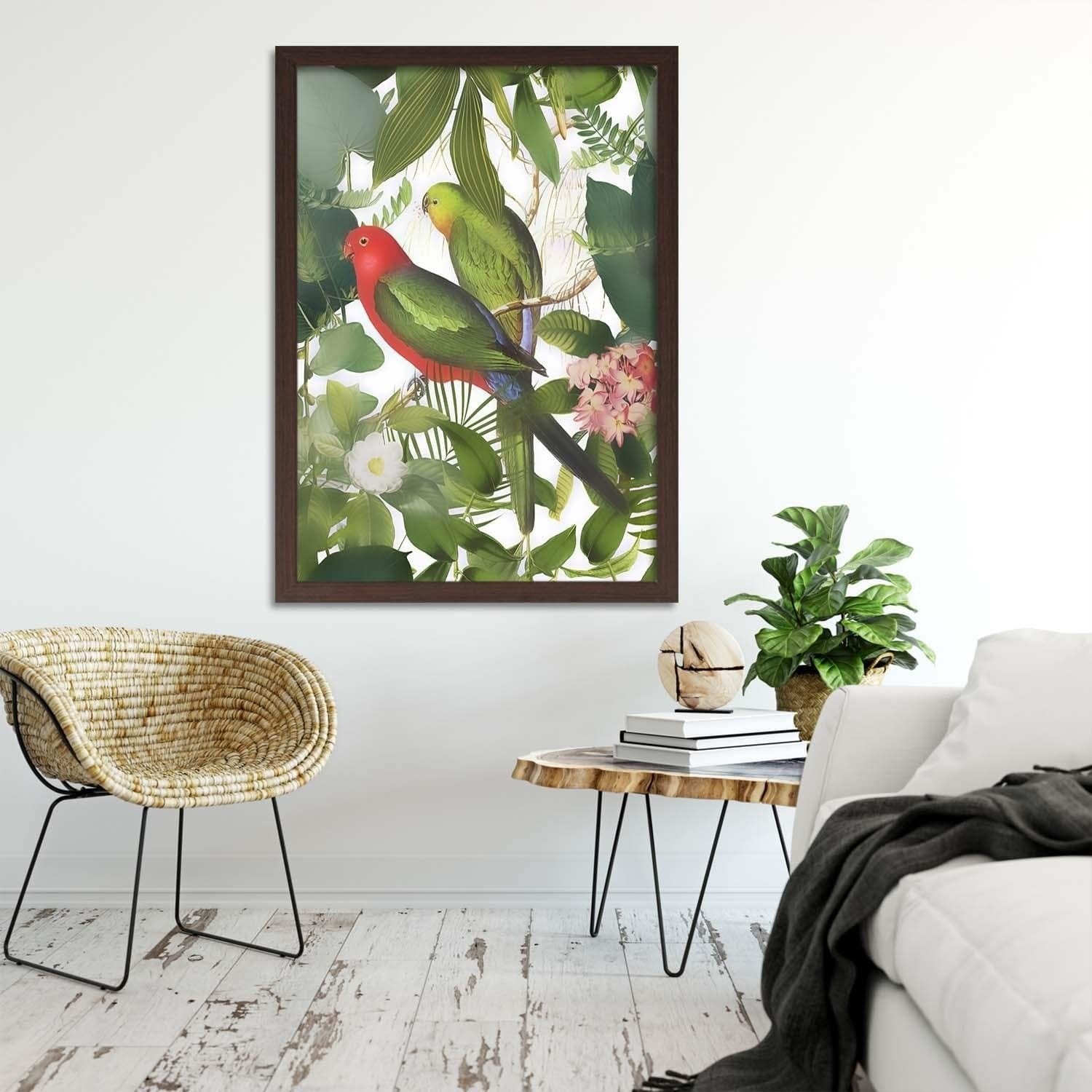 Glezna brūnā rāmī - Parrots In The Leaves Home Trends DECO