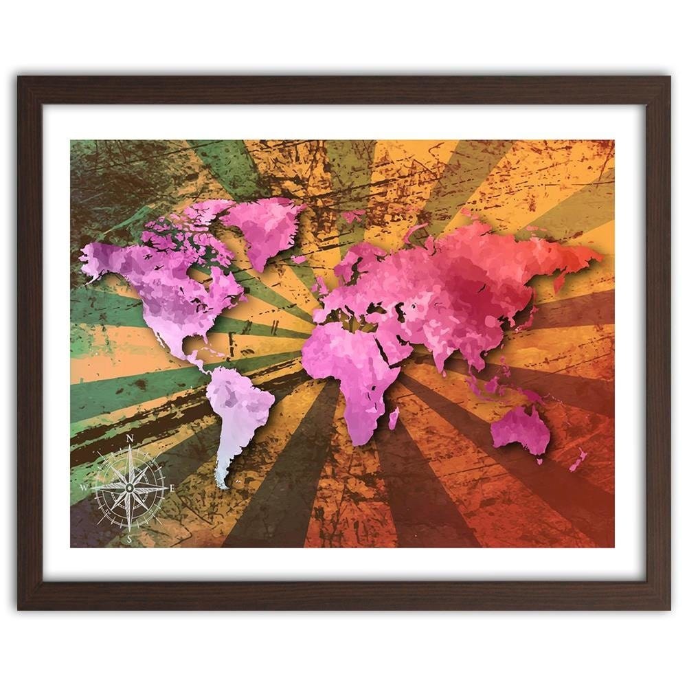 Glezna brūnā rāmī - Pink Vintage World Map Home Trends DECO