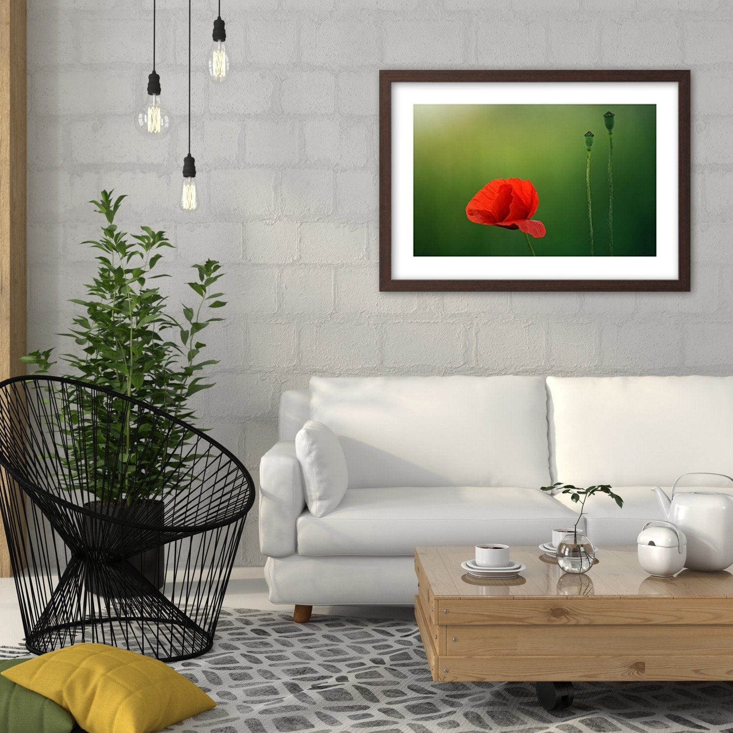 Glezna brūnā rāmī - Poppy Flower On A Green Background Home Trends DECO