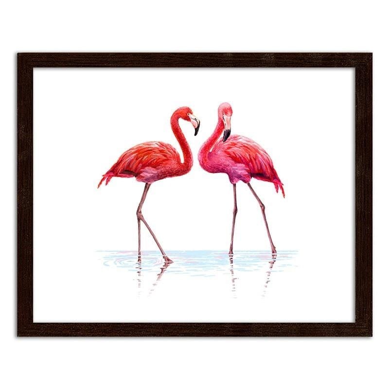 Glezna brūnā rāmī - Realistic illustration of flamingos standing in the water Home Trends DECO