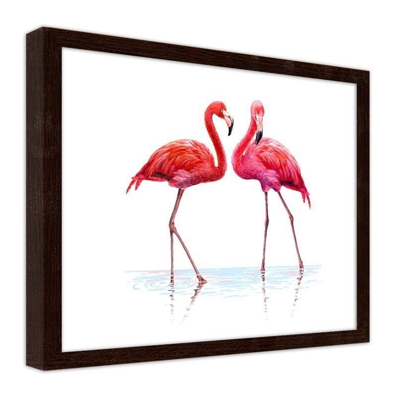 Glezna brūnā rāmī - Realistic illustration of flamingos standing in the water Home Trends DECO