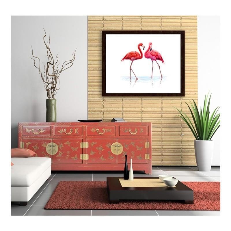 Glezna brūnā rāmī - Realistic illustration of flamingos standing in the water Home Trends DECO