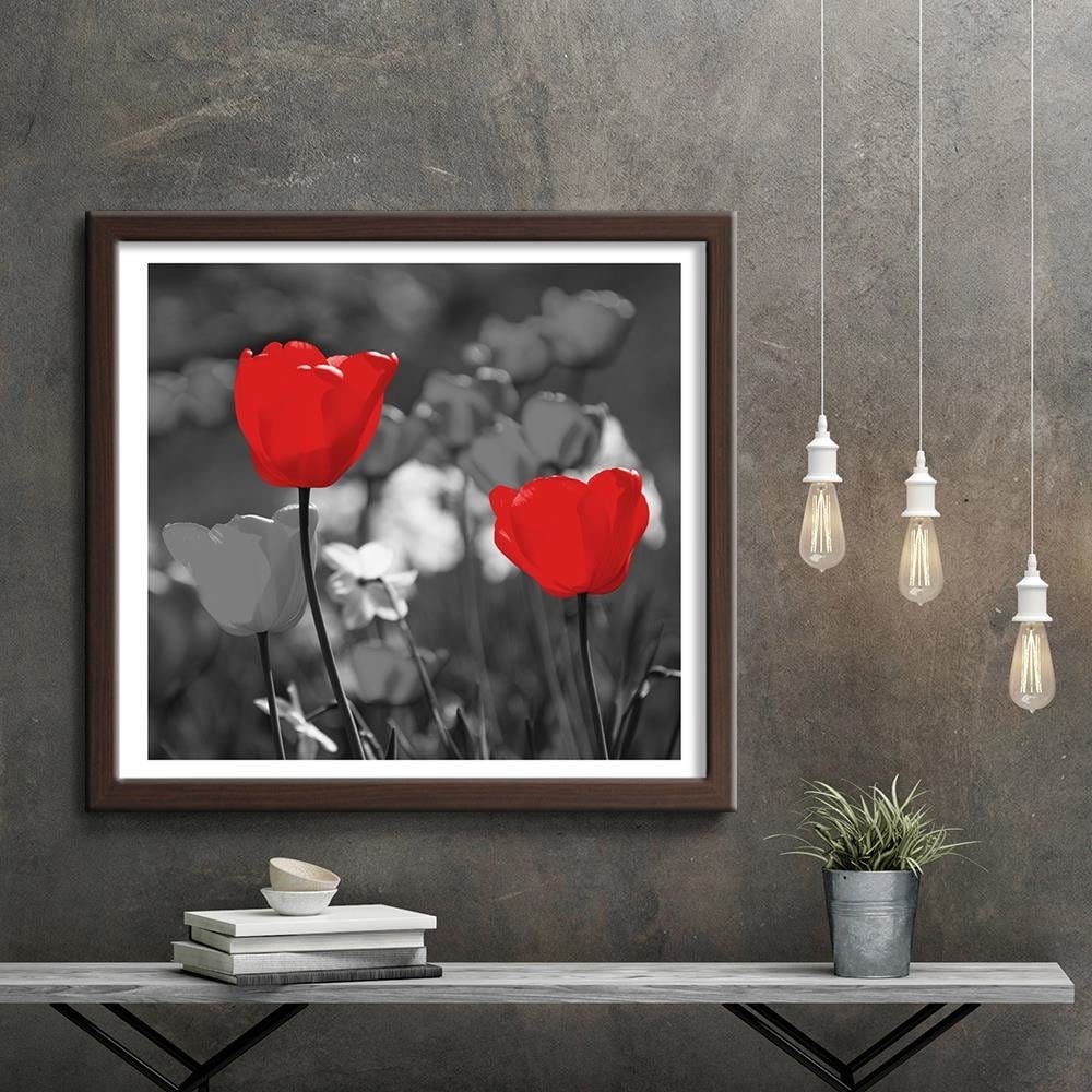 Glezna brūnā rāmī - Red Tulips In Gray Home Trends DECO