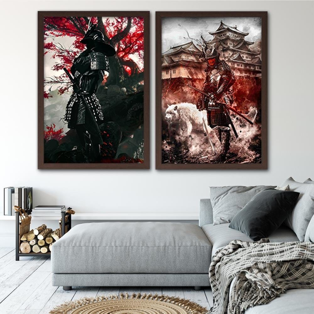 Glezna brūnā rāmī - Samurai And White Wolf Home Trends DECO