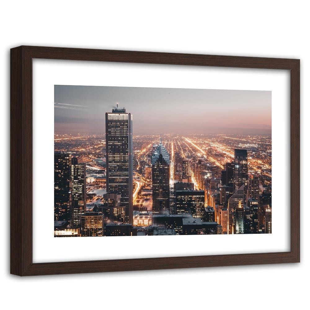 Glezna brūnā rāmī - Skyscrapers At Night Home Trends DECO